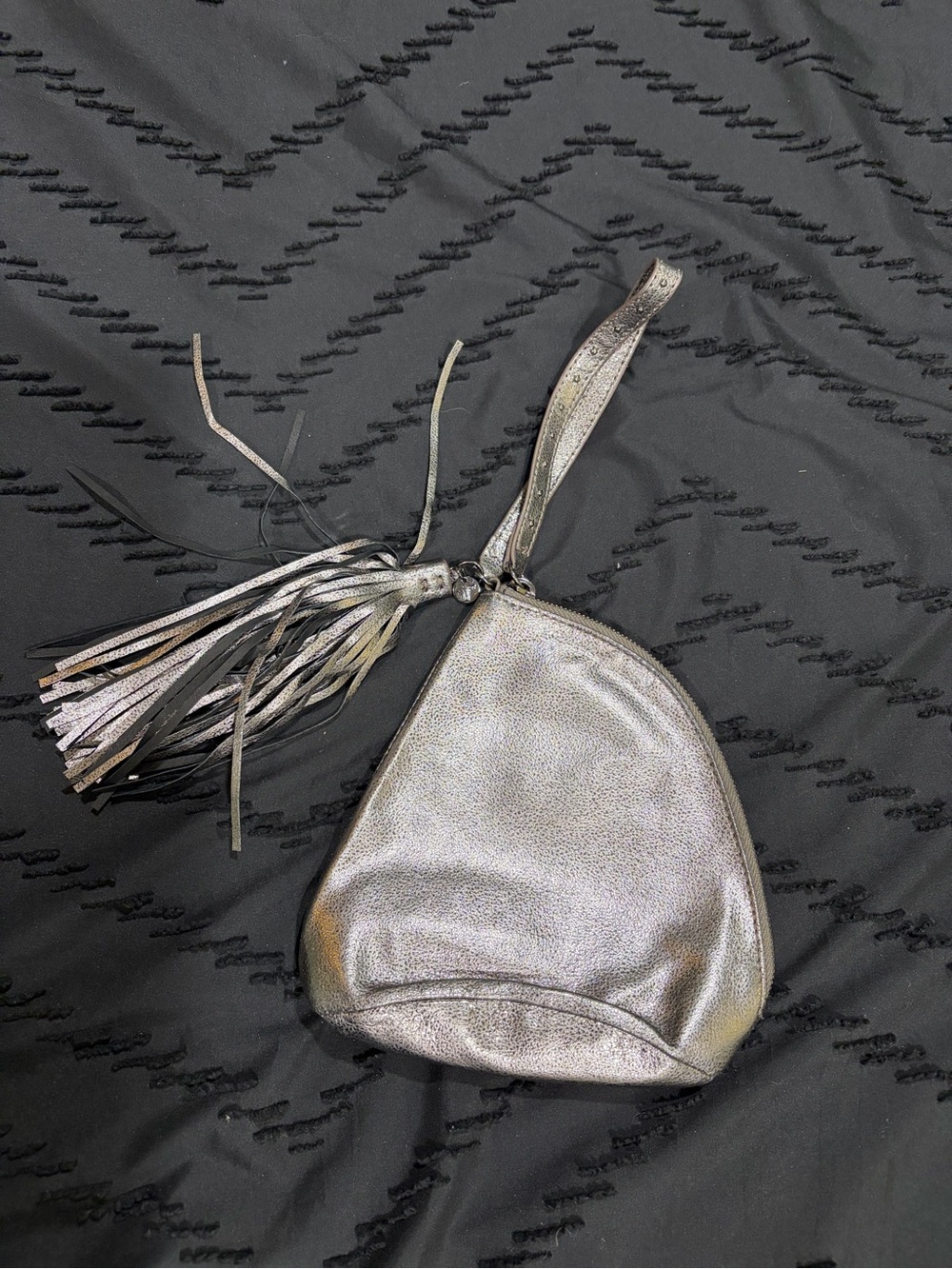 HOBO Metallic Silver Tassel Wristlet Clutch